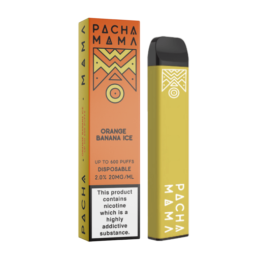 PachamamaDisposables 2ml Box and Device OrangeBananaIce 510x510 - Orange Banana Ice 20mg (Salt Nic) by Pacha Mama